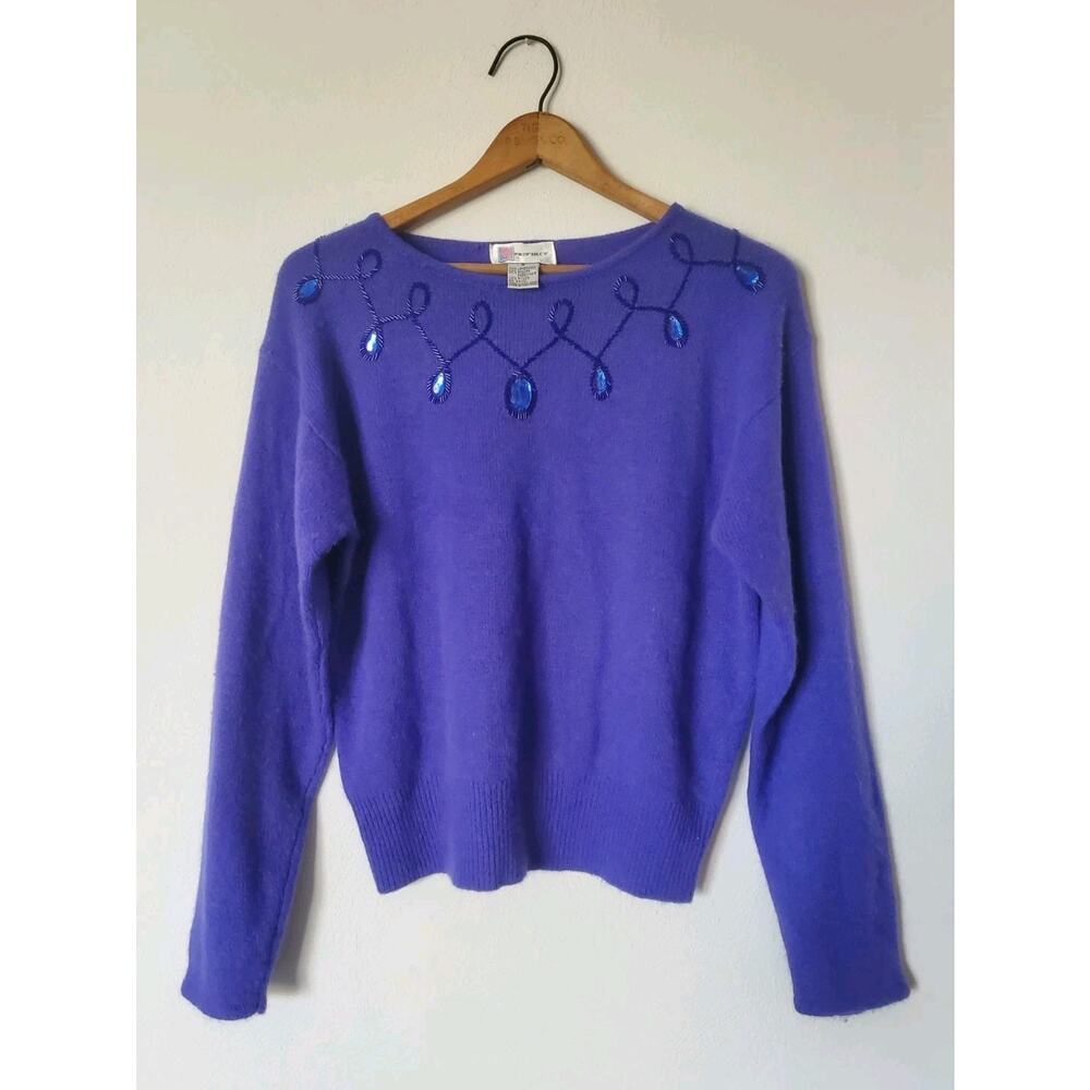 VTG 1980s Prophecy Glitz Sweater Sz S PURPLE Embellished Lambswool Angora Classy